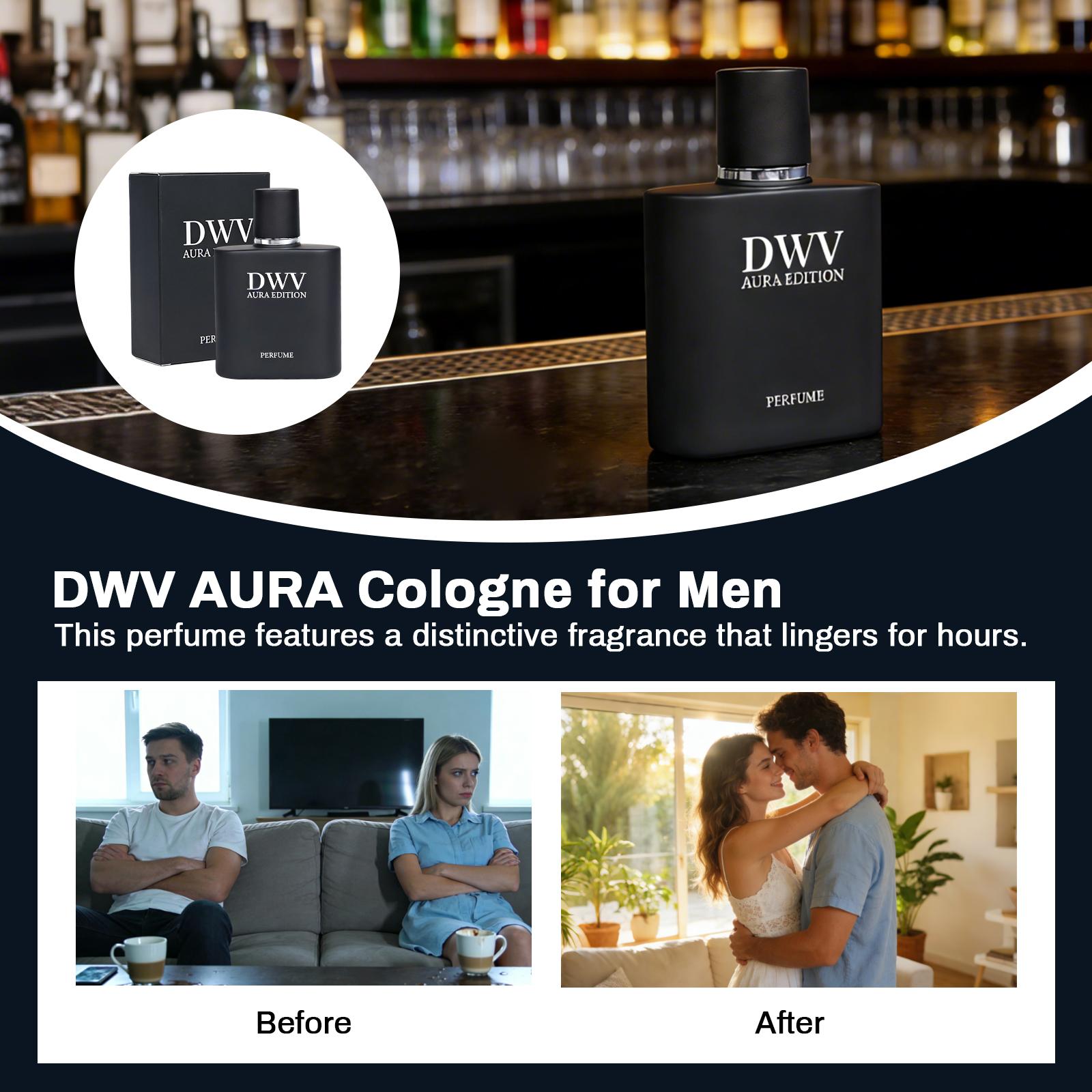 DWV AURA Eau de Parfum Unisex 50ml, a premium aromatic woody fragrance blending notes of cedar, patchouli, and amber; suitable for both men and women; a bold, Arabian-inspired scent; a luxurious gift