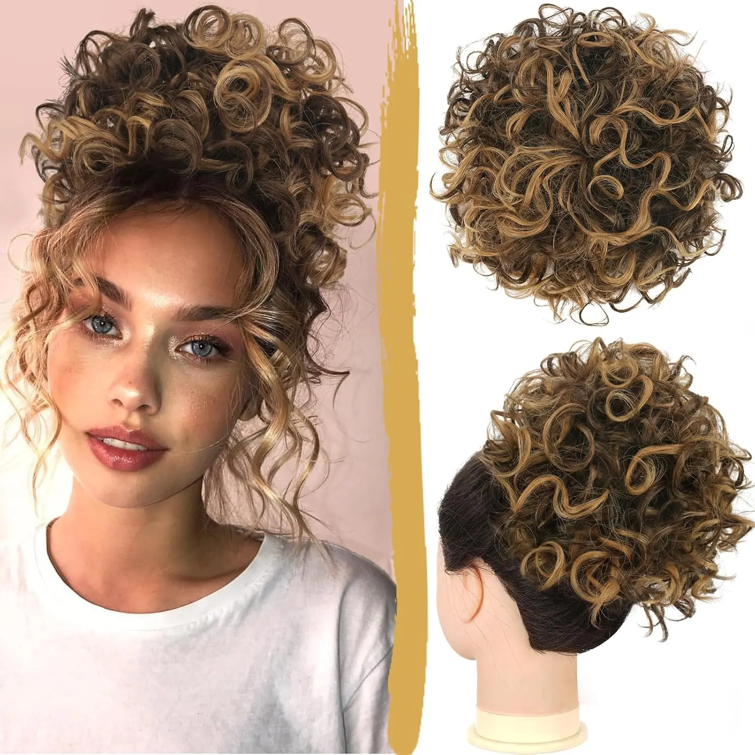 Big Size Messy Bun Short Curly Ponytail Extension Elastic Drawstring Loose Hair Bun for Women with Thinning Hair High Temperature Synthetic Fiber Hair Bun Extension 80g
