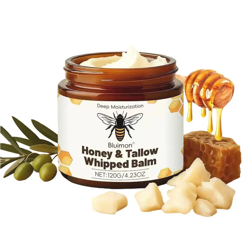 Bluimon Organic Grass-Fed Beef Tallow Balm with Raw Honey 120g All-Natural Handmade Moisturizer for Deep Hydration & Radiant Smooth Skin Hand Restore Cream Body Care Lotions