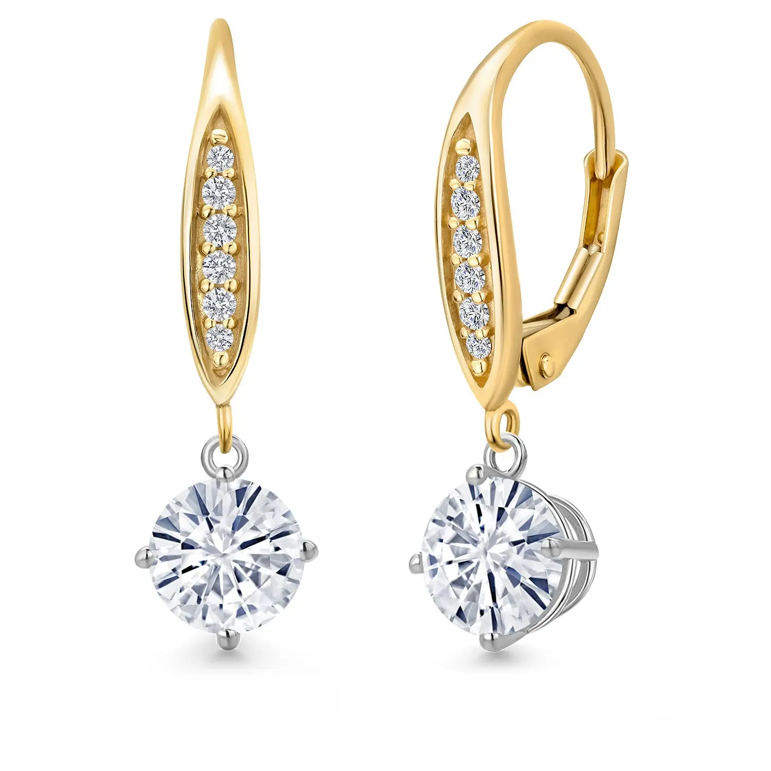 925 Silver and 10K Yellow Gold White Moissanite and Lab Grown Diamond Dangle Earrings for Women | 1.70 Cttw | Gemstone Birthstone | Round 6MM