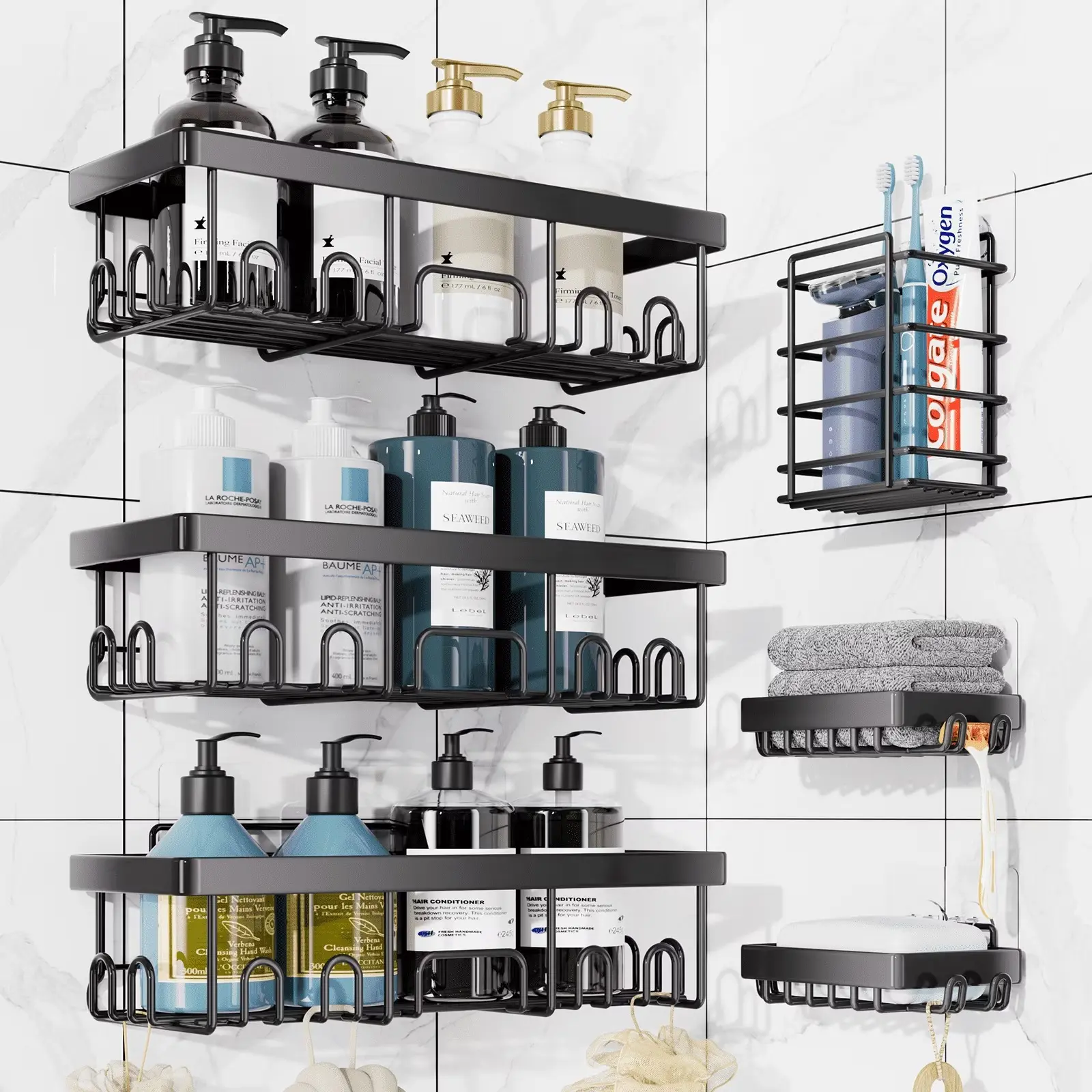 Adhesive Shower Caddy 6 Pack, Large Capacity Bathroom Organizers and Storage, No Drilling Wall-Mounted Basket