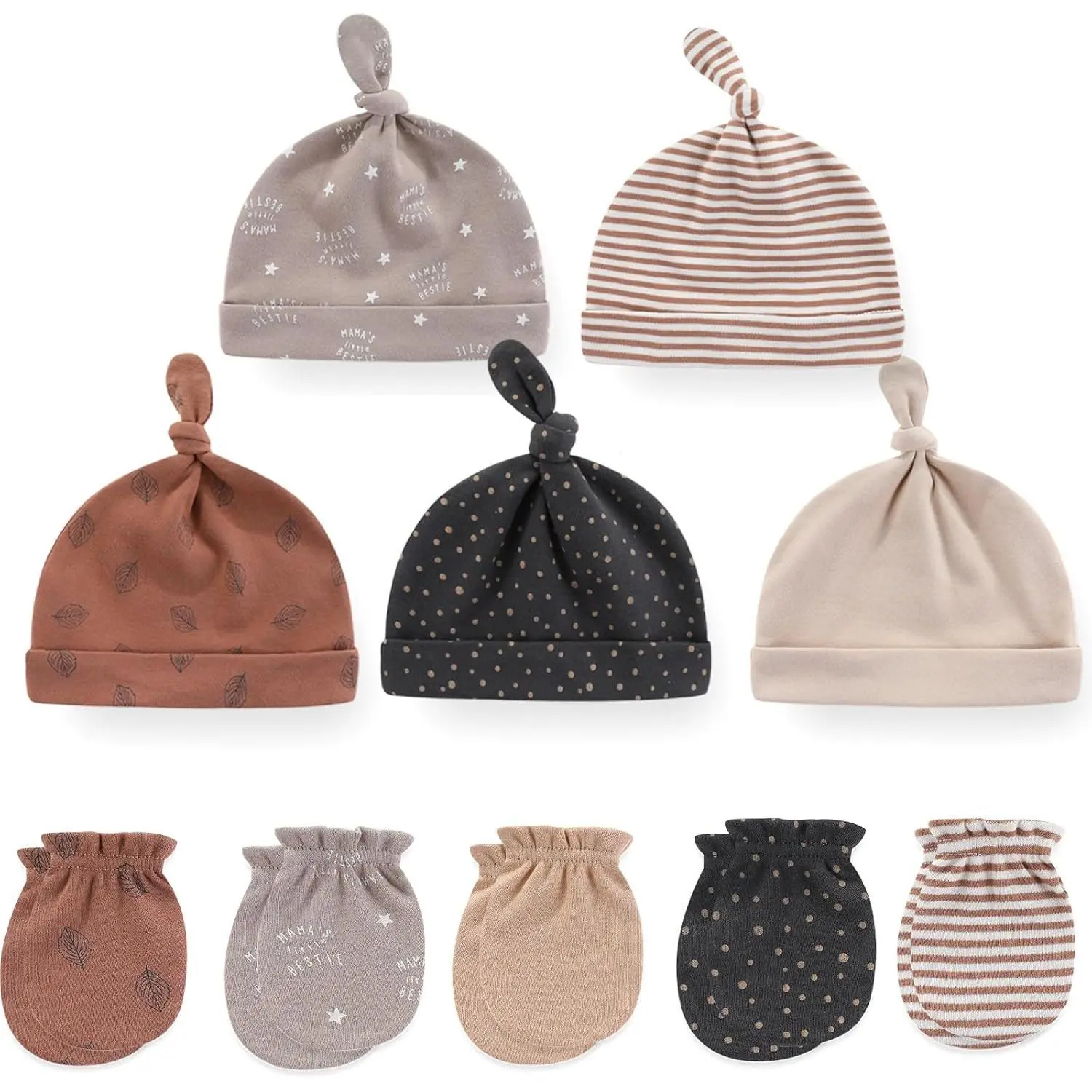 KF5-KC042 Unisex 100% Cotton Newborn Baby Hat and Mittens Set with Elastic Band, Cap Included, for 0-6 Months Infants
