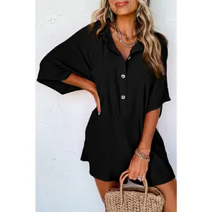 Black Half Button Collared Loose Romper