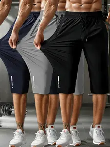 3-pack summer quick-dry, comfortable ice silk men’s athletic shorts in a boyfriend style; casual running shorts with zippered pockets and a high-elastic waistband; suitable for summer gym workouts, training, fitness, dry shorts, basic athletic shorts, and