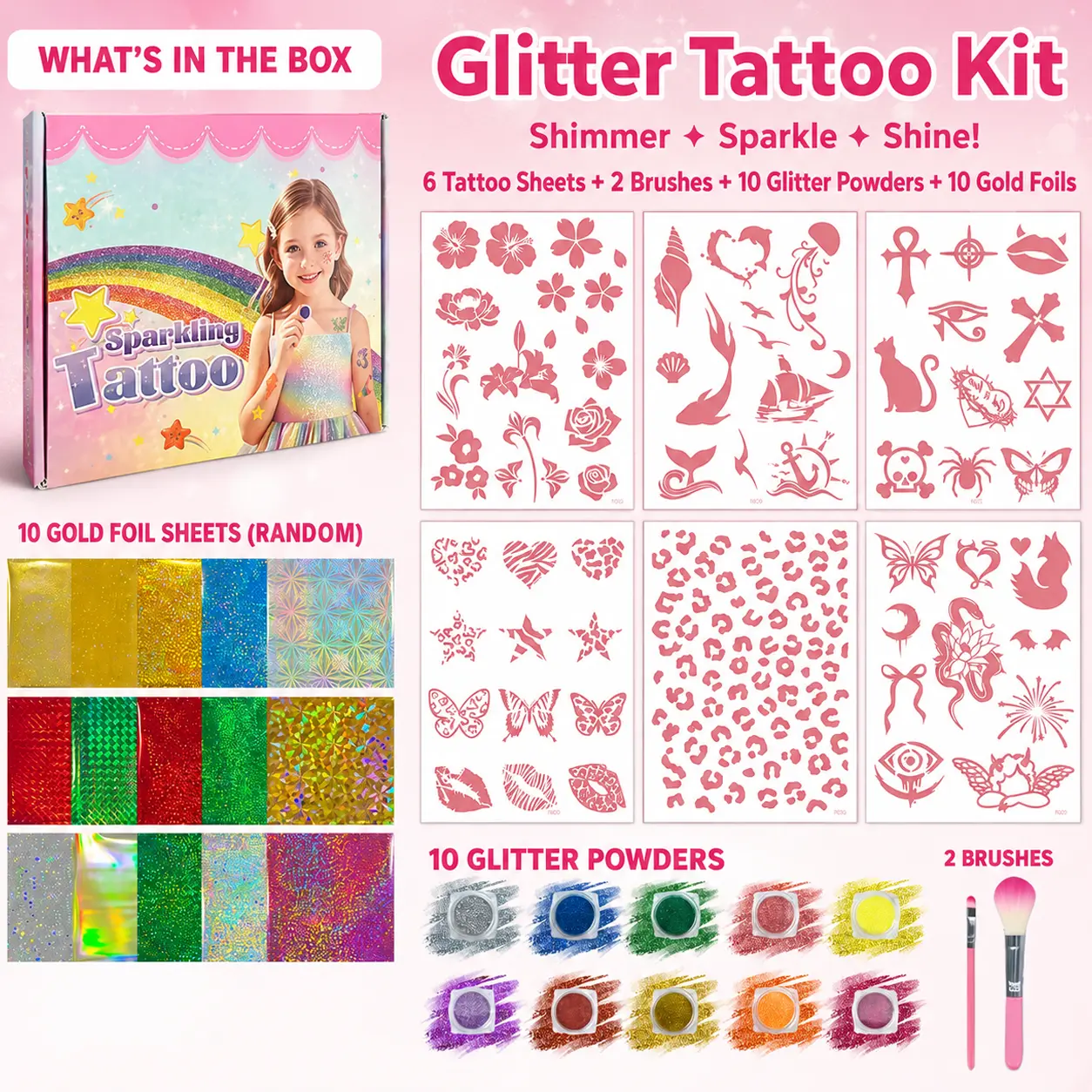 SummerVibes Glitter Tattoo kit Stencil , 6 Sheets with Butterfly, Floral & Cute Fashion Designs, Easy Body Art Templates for Kids, Teens & Adults, Party Favors, Festival Makeup Accessories, Concerts, Birthdays & Special Events
