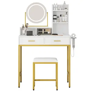 Elegant White and Gold Vanity Desk with Rotating Lighted Mirror, Makeup Dressing Table with 3-Color Adjustable LED Lighting, Built-In Power Outlet, Storage Shelves and Stool – Modern Bedroom Beauty Station