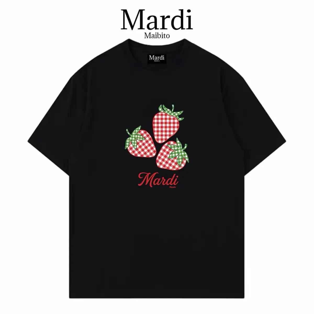 Black strawberry-checkered women's t-shirt