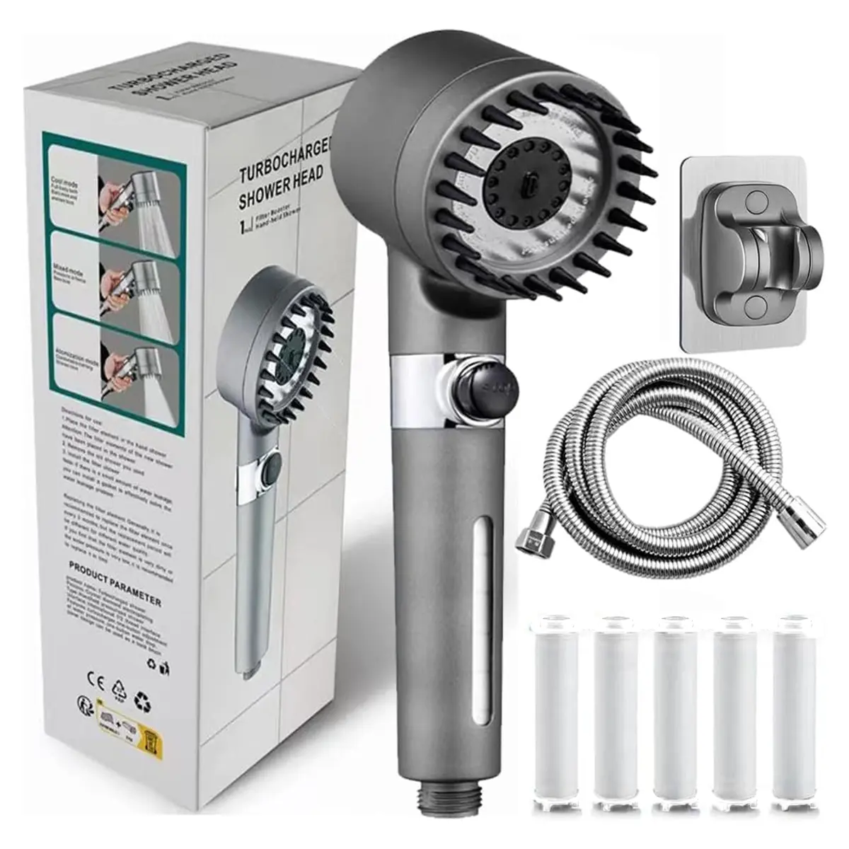 Ion Shower Drops Head Filtered Showerhead With Five Filters,Filtered Shower Head With Handheld,High Pressure Turbo Showerhead,Reusable,Adjustable Settings With Hose4-piece Set