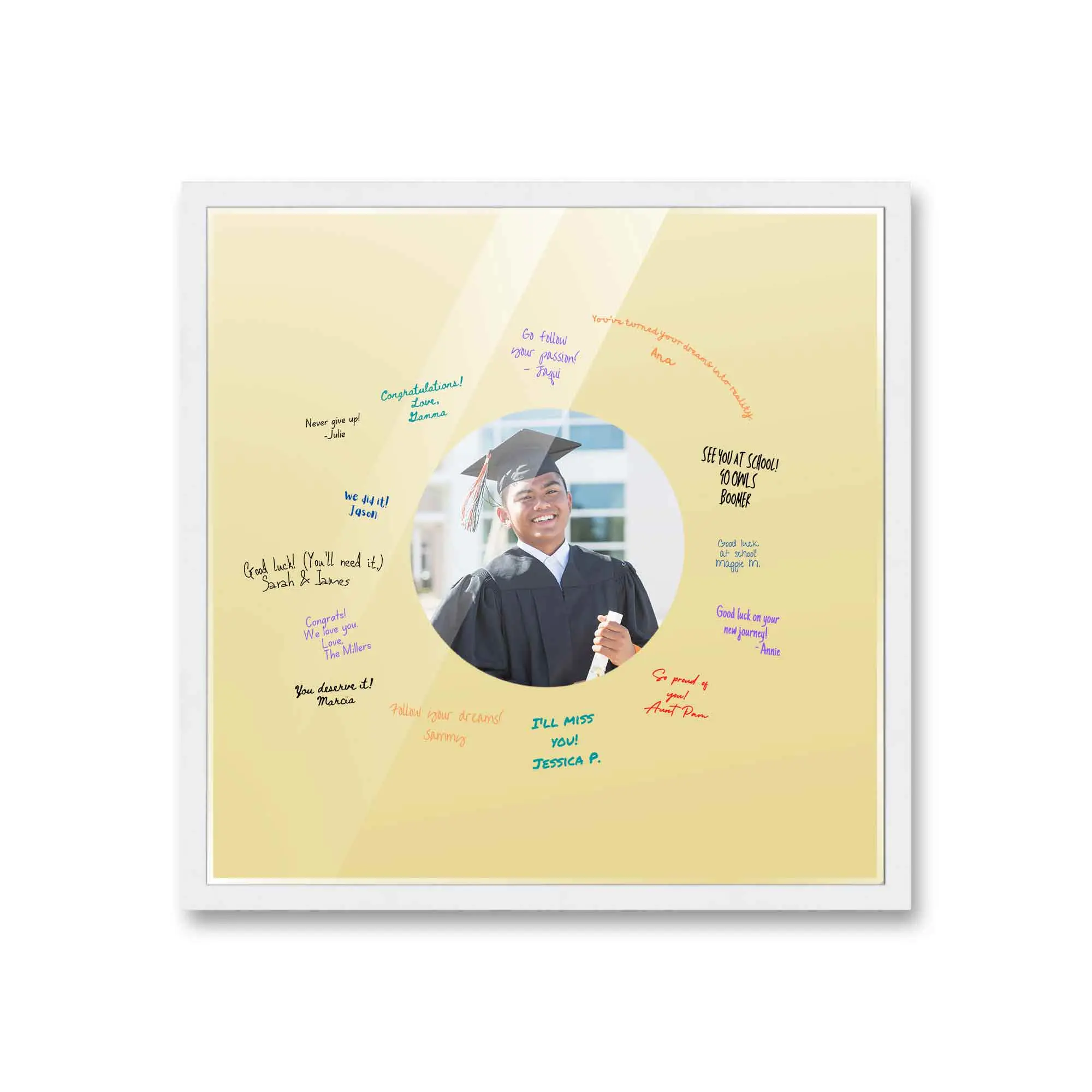 24x24 White Autograph & Signature Frame with Yellow Circle Photo Mat for 8x8 Picture - Includes Pens, UV Acrylic, Foamboard