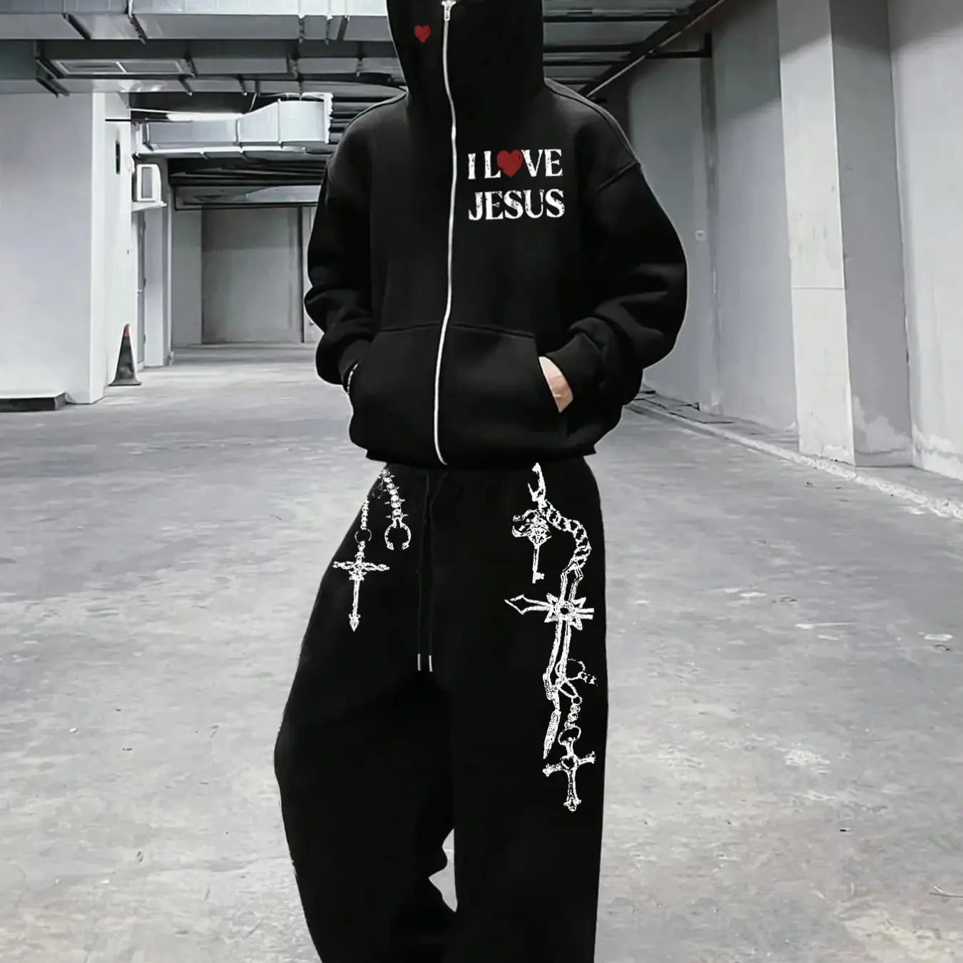 Men's and women's versions. Jesus-themed print with zipper hoodie