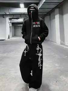 Men’s and women’s versions. Jesus-themed print with zipper hoodie and wide-leg pants make up a warm outfit. Masked Balaclava hat, dark-themed street style fashion. Suitable for motorcycle travel, outdoor activities, and couples’ outfits