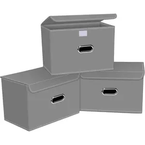 Linen Fabric Foldable Collapsible Storage Cube Bin Organizer Basket with Lid, Leather Handles, Removable Divider for Home, Closet (Grey, 3Pcs)