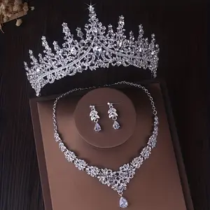 High end Luxury Crown Necklace Earring Set Bride Wedding Dress Jewelry Wedding Necklace Wedding Jewelry High end Grand Dinner Banquet Birthday Crown Necklace Earring Set of Three