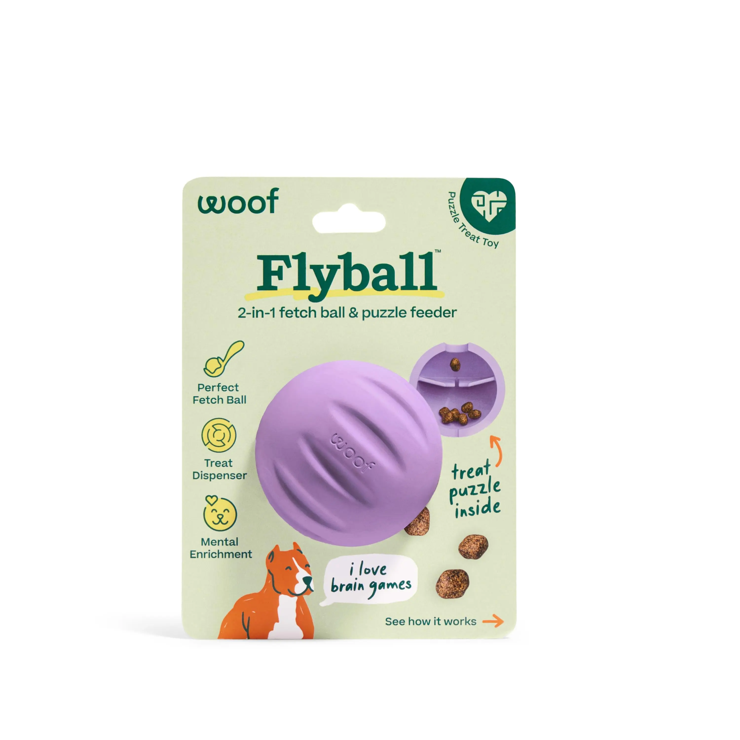 WOOF Single Flyball Shape Dog Forager Toy - Durable & Lightweight, Promotes Fetch Play, Creates a Calmer Environment, Lavender Scented, Foraging Enrichment, Interactive Play
