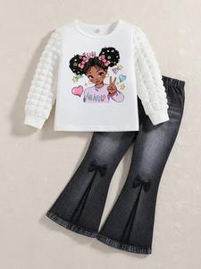 two-piece set girl's cartoon girl print long sleeve tee & denim-effect print flare leg pants set, cute casual round neck plaid striped bubble sleeves top & bell bottom trousers for daily wear, kids clothes for spring & fall