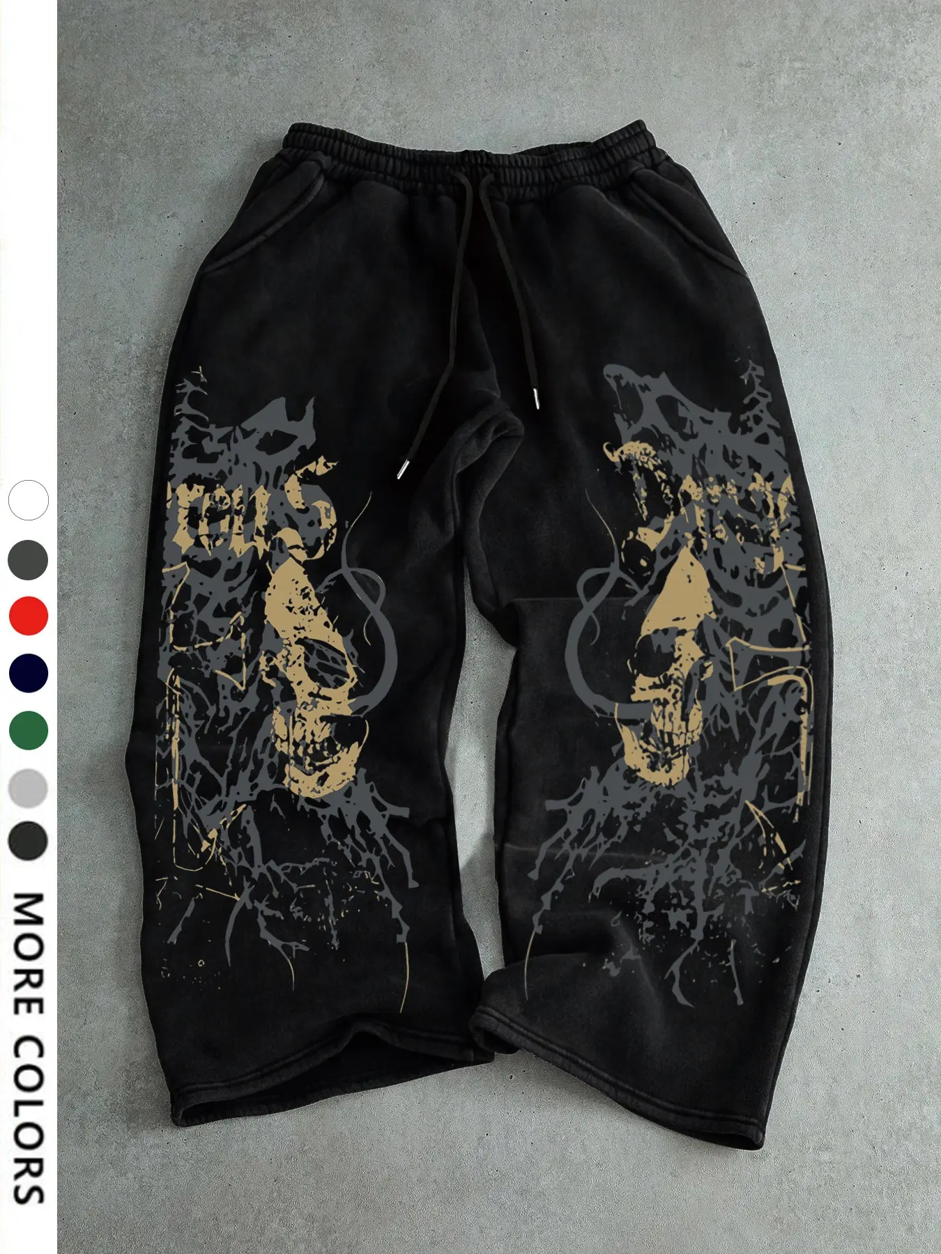 Men's Casual Sporty Long Pants, Skull Pattern Print, Drawstring Wide Leg, Loose-Fitting, All Seasons, Graphic Style, Athleisure Style, Sports Bottoms, Casual Athletic Pants, Casual Sportswear Pants