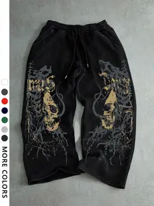 Men's Casual Sporty Long Pants, Skull Pattern Print, Drawstring Wide Leg, Loose-Fitting, All Seasons, Graphic Style, Athleisure Style, Sports Bottoms