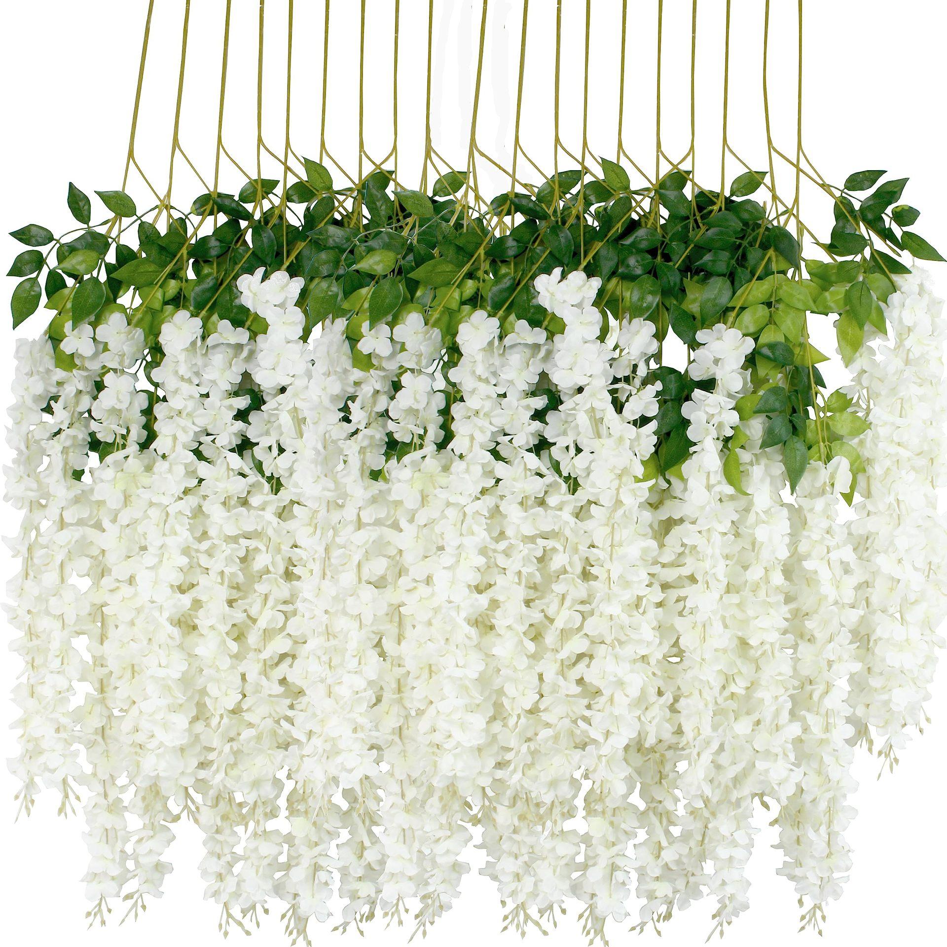 Dense Artificial Fake Wisteria Vine Ratta Hanging Garland 12Pcs 43.3 Inch/Piece Silk Flowers String Artificial Wisteria Flowers for Decorative Home Party Wedding Garden Decorations Artificial Flowers For Outside