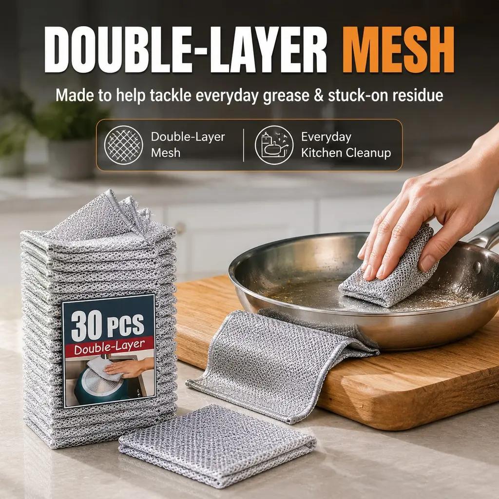 30pcs Steel Wire Cleaning Scrub Sponge Cloths - Heavy-Duty Stain Remover Dish Washing Pads, Durable Reusable Kitchen Rags for Sink, Pot Daily Household Cleaning Supplies, Stain Removal