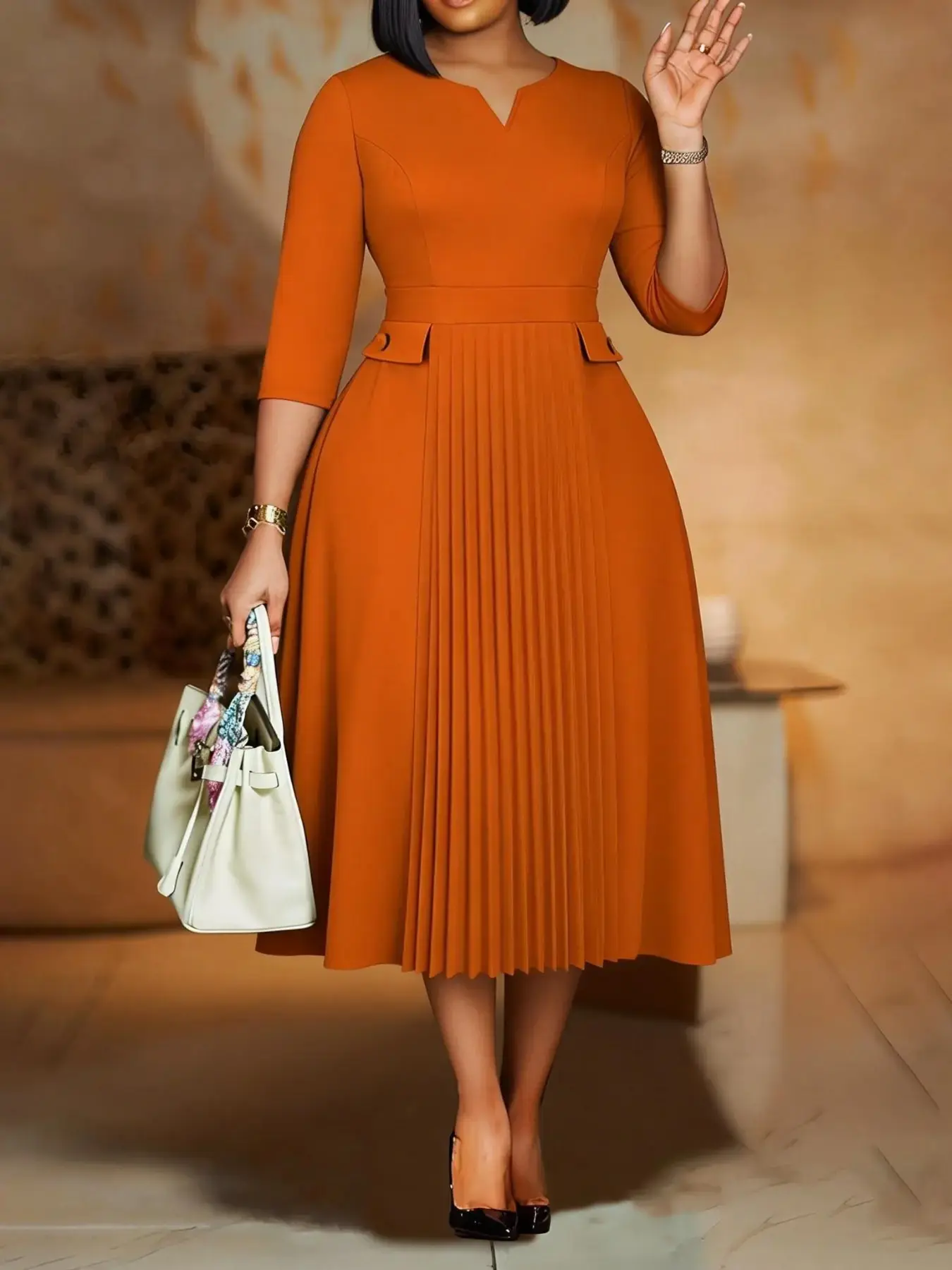 Women's Elegant Chic A Line Church Dresses, Modest Classy Pleated 3/4 Sleeves Office Ladies Workwear, Formal Wear, Elegant Formal Style, New Elegant Evening Dress