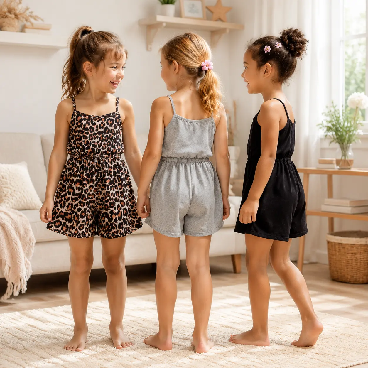 3-Pack Girls Summer Rompers for 4-7 Years , Cute Leopard Print, Heather Gray & Solid Black Playsuits , Comfy Sleeveless Casual Outfits