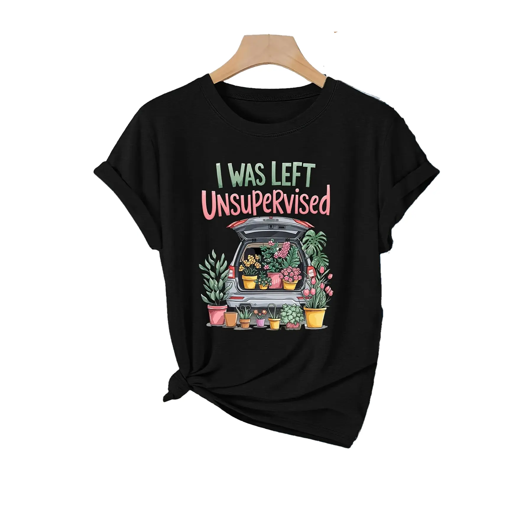 Floral Pot, I Was Unattended with Plants - Humorous Cartoon Car & Potted Plants T-Shirt, Short Sleeve Crew Neck Casual Top for Spring & Summer, Women'S Apparel