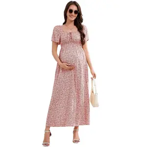 BLUEMING Womens Ruffle Short Sleeve Floral Maternity Midi Dresses Square Neck Baby Shower Photoshoot Outfits, Pink - 2XL