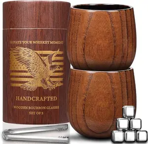 Charred Wooden Bourbon Drinking Glass,Wooden Whiskey Glass, Bourbon Drinking Glasses, Wood Whiskey Cup, Birthday Retirement Whiskey Gift Set for Men,with 6 Stainless Steel Ice Cubes and Tongs