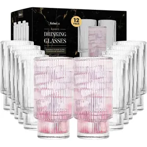 Ribbed Drinking Glasses - Ribbed Glass Cups 12 oz - Ribbed Glassware Set of 12 - Textured Vintage Retro Ripple Aesthetic Glass Ware for Whiskey Cocktail Beer Water, Coffee Bar Accessories