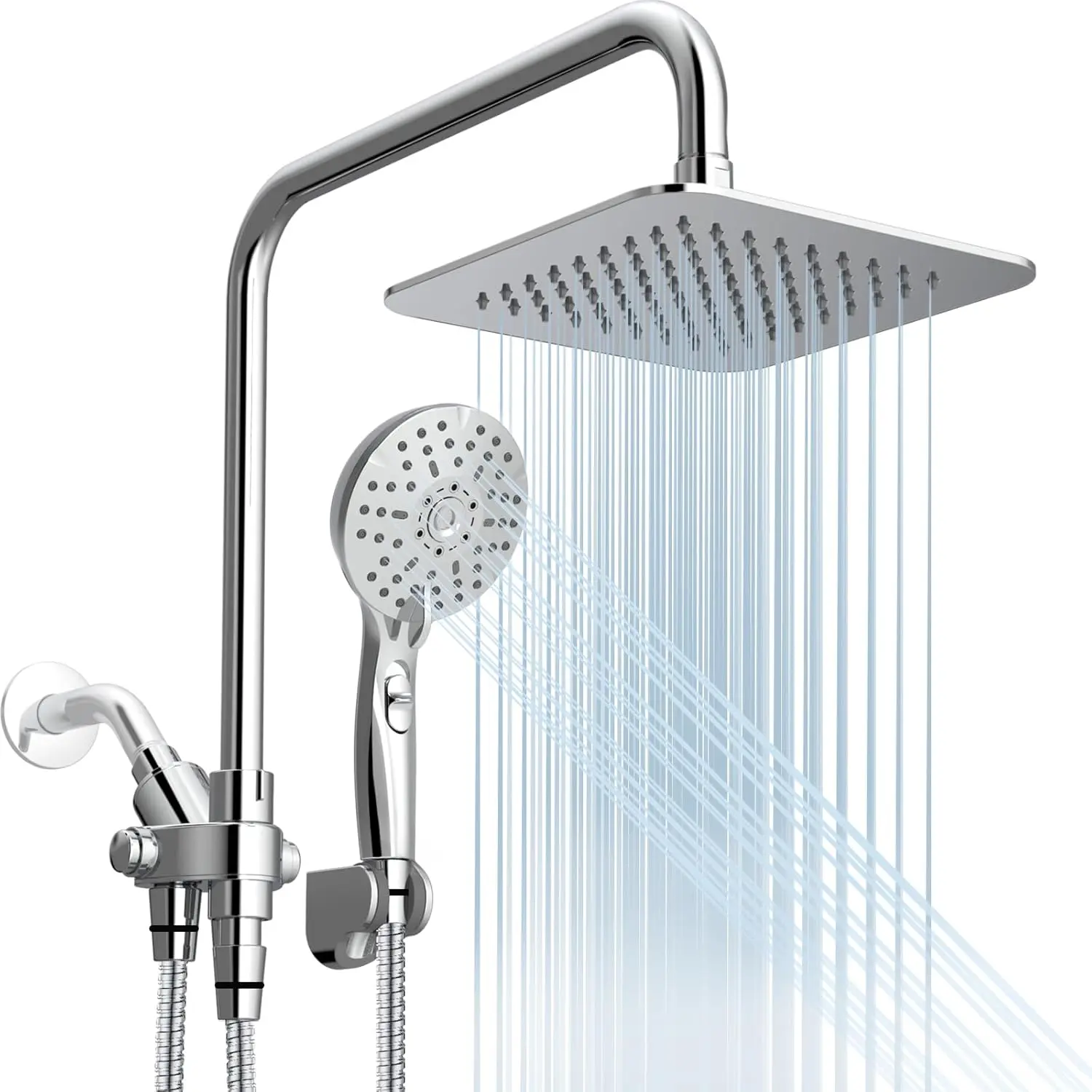 Chrome Polished Rain + Hand Dual Shower Combo for Home Users - 8 in High Rain Shower Head, 6 Spray Patterns Handheld Spray, 15" Height-Adjustable Slide Bar, 360° Rotating Joint, 59" Stainless Steel Hose, ABS Plastic Components, Angle-Adjustable, Synthetic