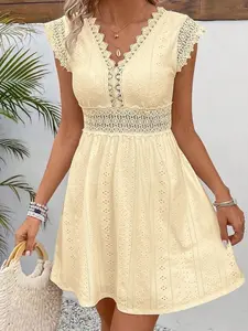 Solid Color V-Neck Ruffled Hem Casual Mini Dress - Summer Beach & Holiday Resort Wear