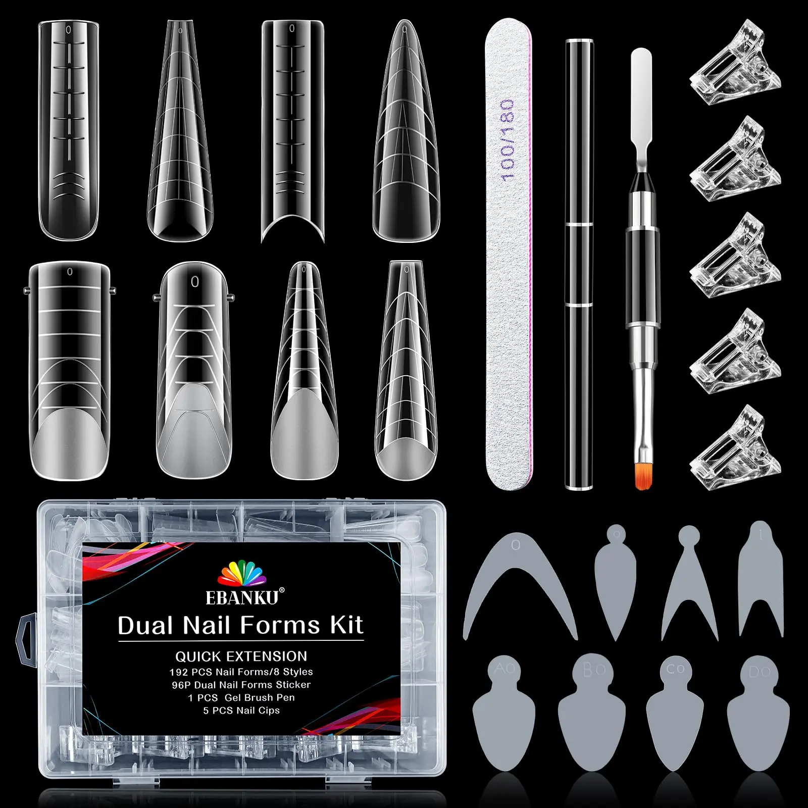 EBANKU 288-Piece Polygel Nail Kit with Reusable Dual Forms for Nail Extension and French Manicure, Multi-pack with 8 Styles, 12 Sizes, Clips & Brush, Sleeve, Silicone, French Tips, Gel Nails At Home