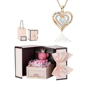Elegant Heart Shaped Rhinestone Decor Pendant Necklace with Flower Rose Box, Fashionable Necklace for Women, Elegant Jewelry for Wedding Party