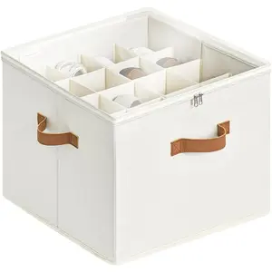 Shoe Organizer for Closet, Shoe Storage Cubby Containers with Adjustable Dividers and Clear Cover, Fits up to 16 Pairs, Foldable Shoe Storage Box for Closet, Entryway, Beige