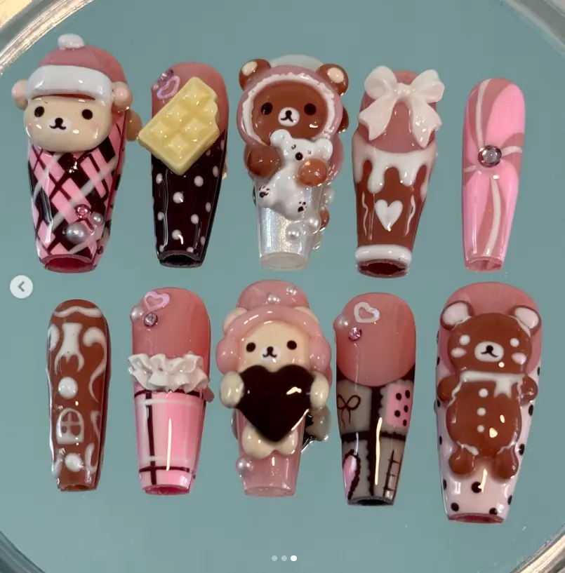 Pink Christmas Bear Press On Nails, Long Coffin 3D Teddy Cookie Bow Nails, Cute Kawaii Holiday Gel Nail Set, Gift for Her