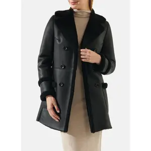 Womens Jet Black Shearling Leather Coat