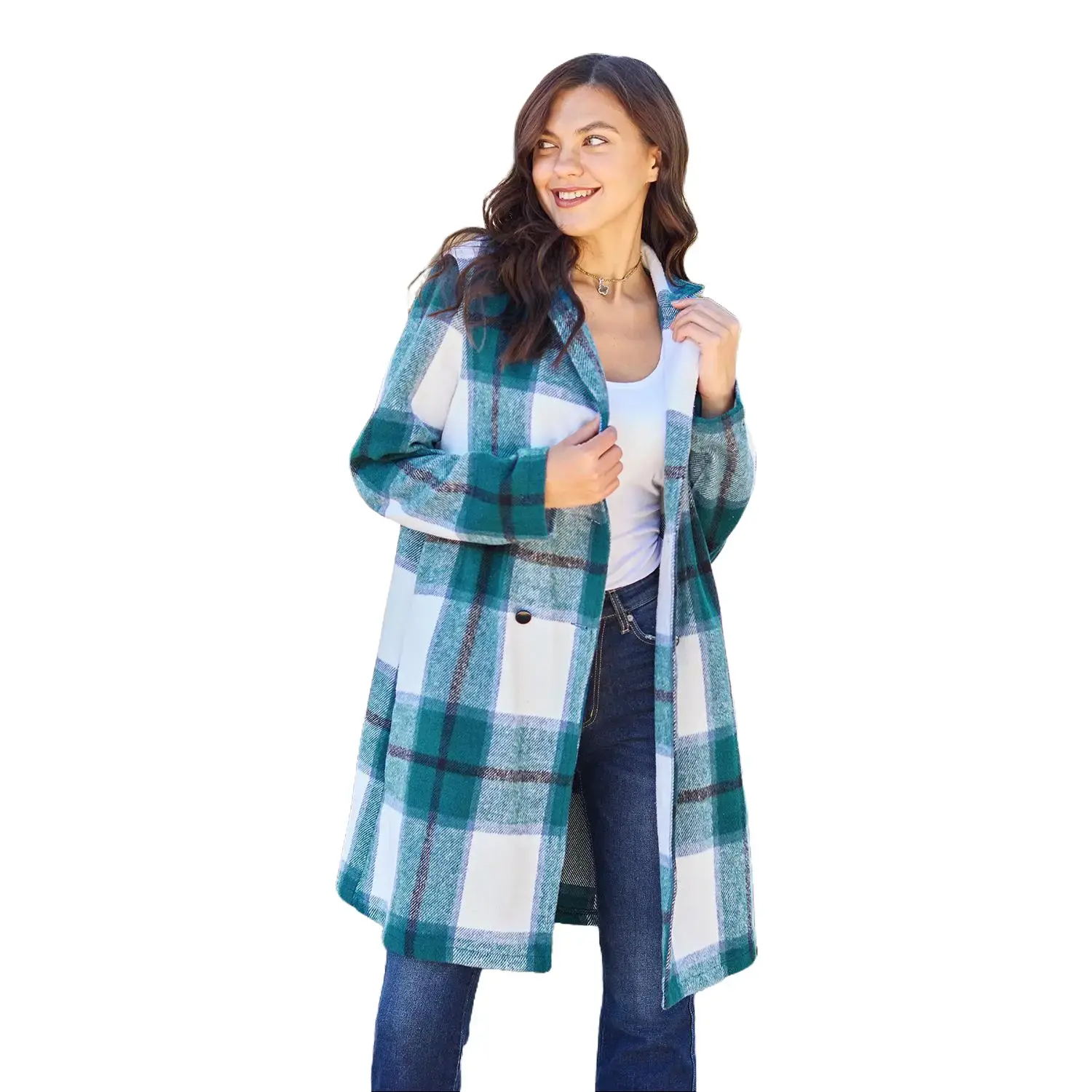 Women's Full-Size Plaid Button-Up Lapel Collar Coat, Casual Outerwear for Ladies
