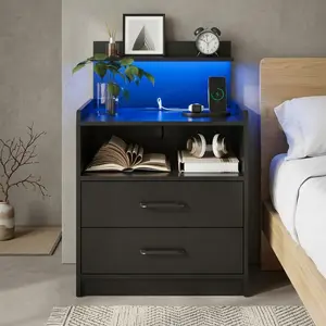 Modern LED Nightstand With Charging Station, 2 Drawers Open Storage Bedside Table, Bedroom End Table With RGB LED Lights, Built In USB Ports And Power Outlets For Home Living Room Decor