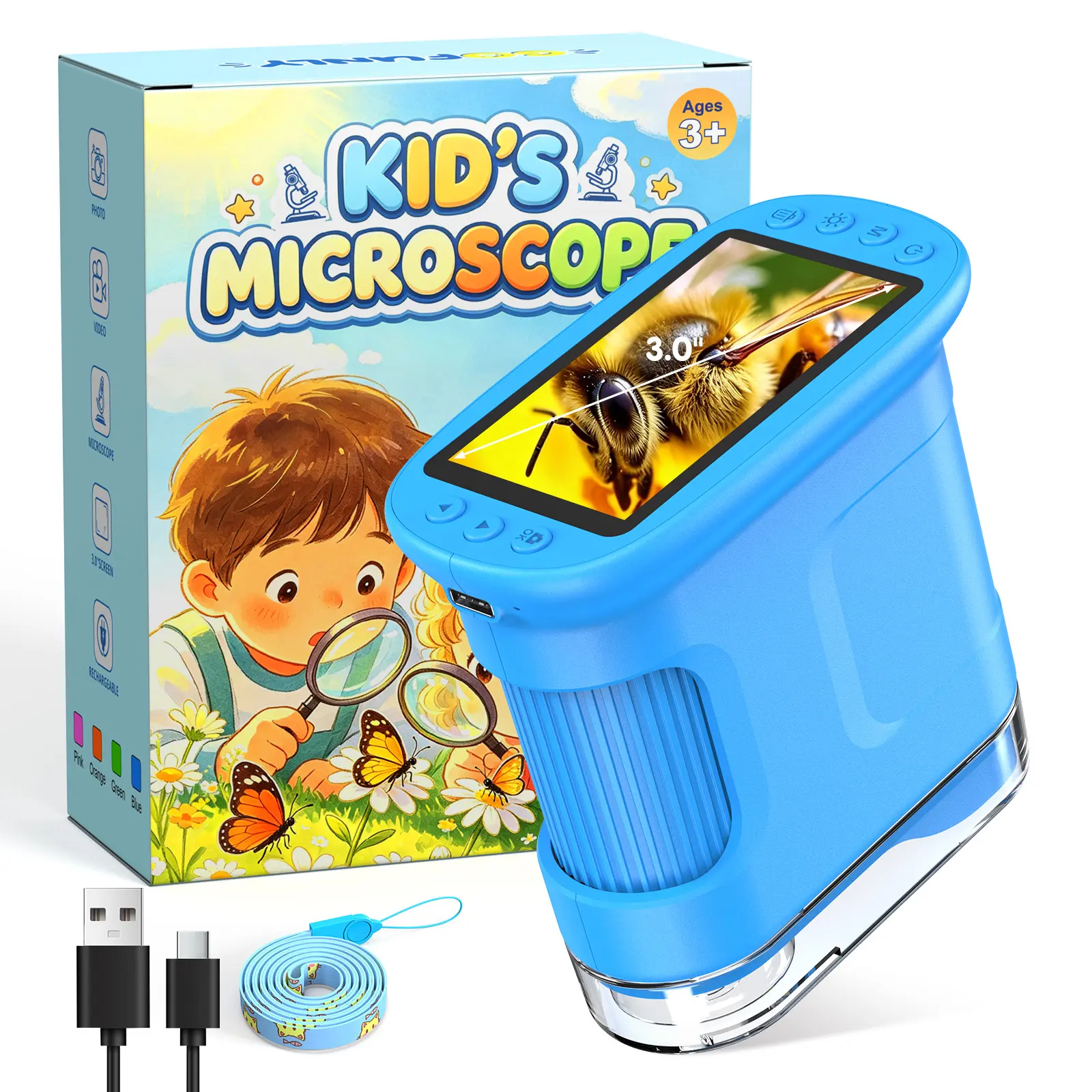 [Black Friday]Pocket Microscope for Kids 1600X Zoom — Portable Handheld Microscope with Capture Photo & Video,4K 3.0" Screen,8 LED Lights,STEM Educational Toy,a Fun Halloween/Christmas Gift & Birthday Present for Ages 3+