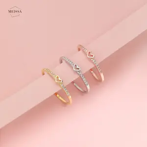 Meissa Forever Heart Sparkle Ring 925 Sterling Silver Tiny Heart Ring Statement Wedding Bands for Women Trendy Zircon Engagement Resizable Ring Set Birthday Present
