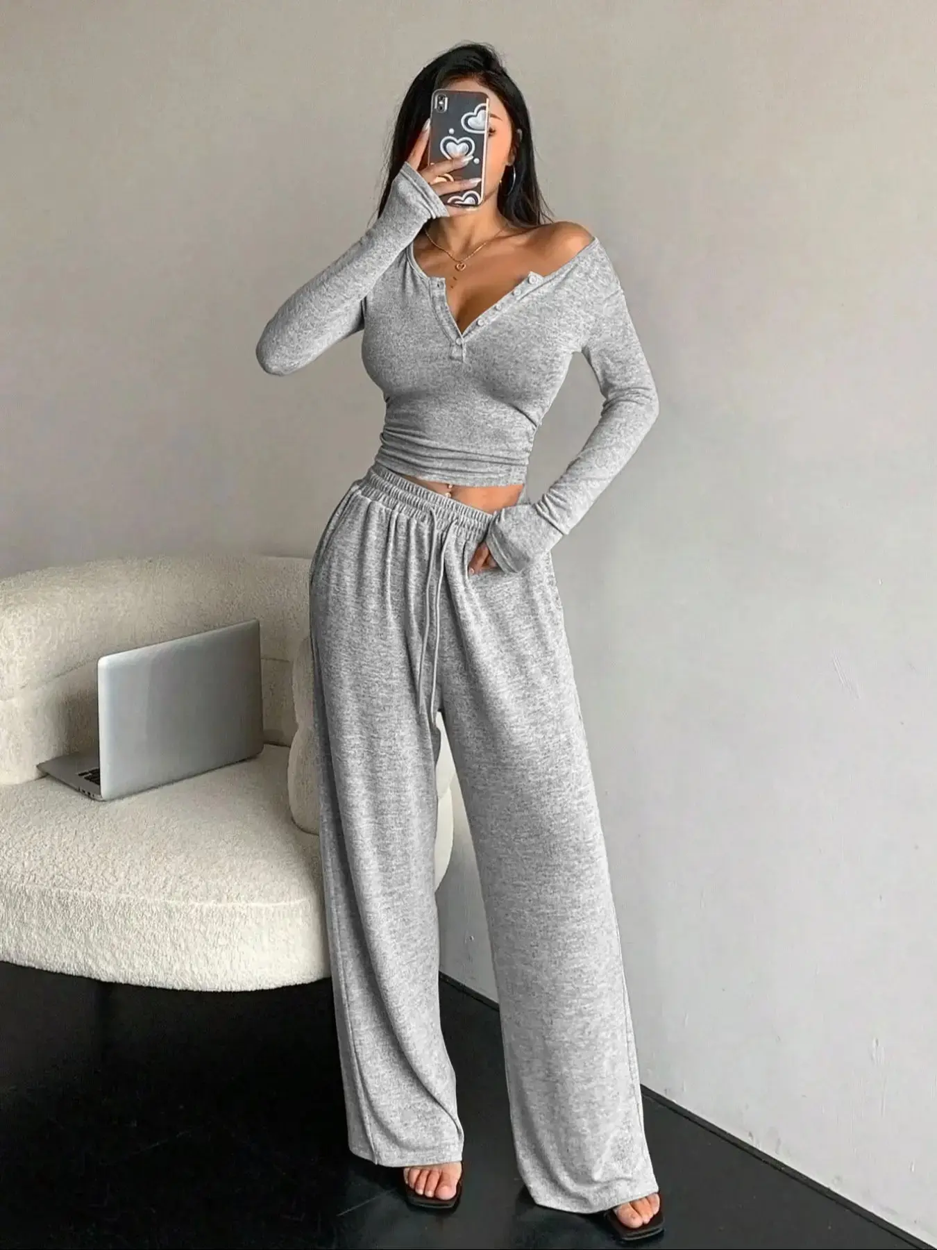Women's Casual Fall Winter Co Ord Set Soft Elastic Fabric Fashionable Two-Piece Beach