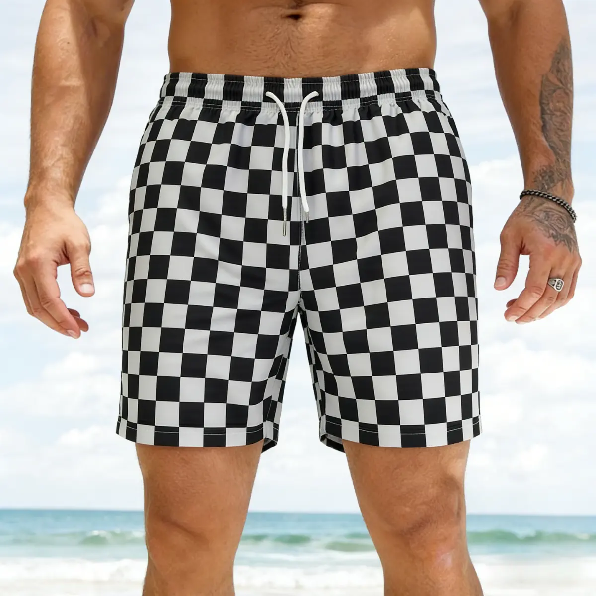 Stylish Men's Retro Checkerboard Print Shorts, Classic Modern Streetwear Bottoms for Summer Menswear, Men's Shorts, Black-And-White Checkered Print Men's Shorts