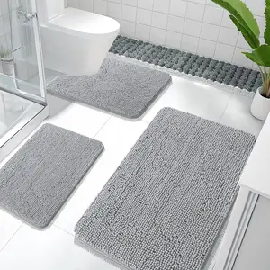 Ultra Soft Chenille Bathroom Rug Set, 3 Piece Non Slip Bath Mats, Fast Drying & Highly Absorbent Floor Rug with U-Shaped Toilet Mat for Home Decoration