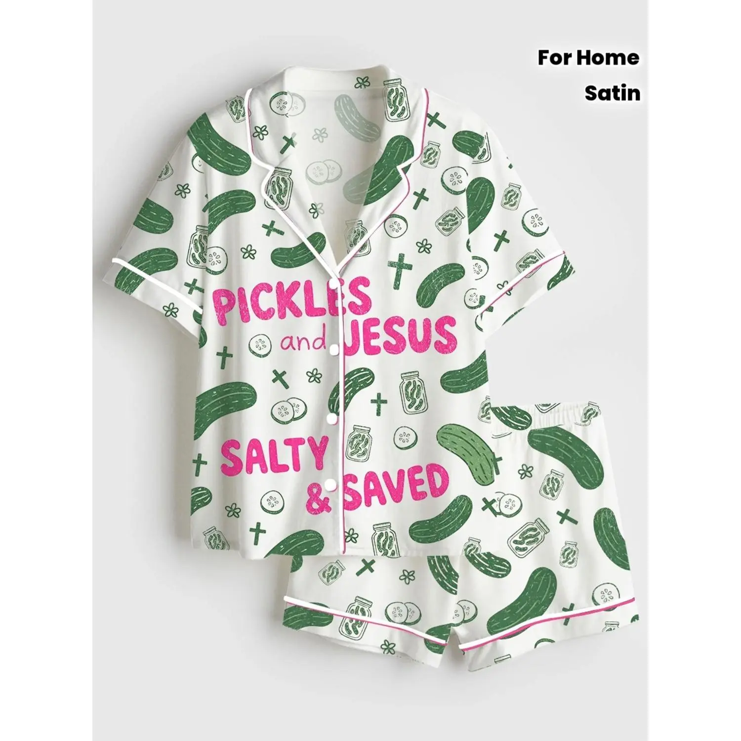Jesus and Pickle Printed Satin Pajama Set, Salty & Saved Short Sleeve Button-Up Top with Matching Shorts, Humorous Christian Cross Sleepwear for Women Summer Loungewear