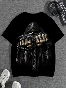 Black Graphic Tee With Grim Reaper & "GAME OVER" Print Unisex Vintage Style 100% Cotton Crew Neck Dark Streetwear Gaming Inspired Apparel for Summer Campus Hangouts