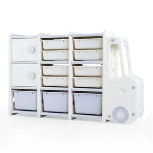 COSTWAY - Kids Toy Storage Organizer Truck-shaped Toy Chest with 2 Cabinets and 11 Removable Bins-Grey