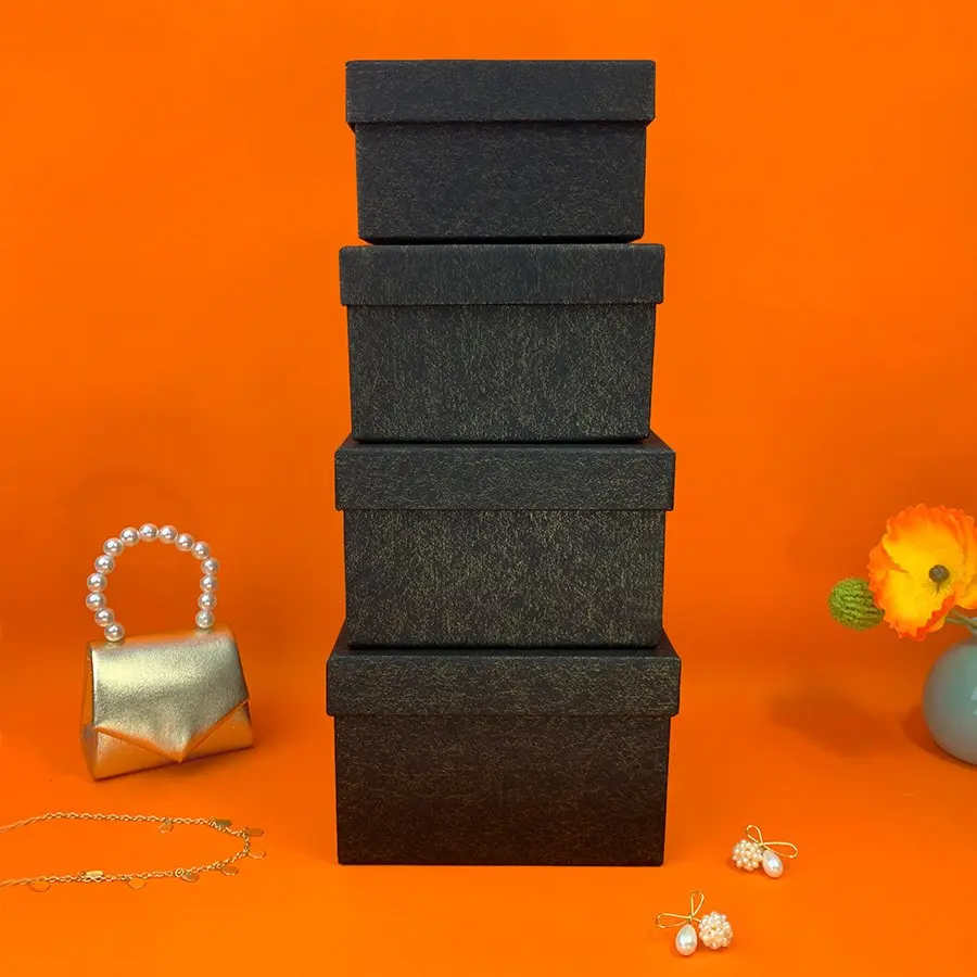 4pcs black square decorative gift boxes, multi-sized nesting packaging boxes, multi-functional storage boxes, earring and necklace gift packaging boxes, suitable for birthdays, anniversaries, Mother's Day, weddings, Valentine's Day, graduation season