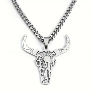 Trendy Western Cowboy Style Stainless Steel Bull Head Pendant Necklace for Men Western Cowboy Jewelry Cuban Link Chain Gothic Cross