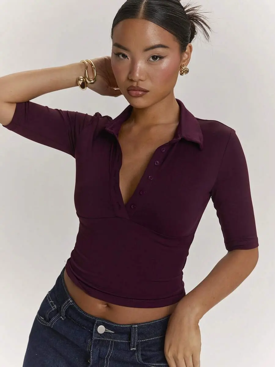Women's Casual Elegant Minimalist Top Commuter Work Short Sleeve Polo Collar , Plum Color , Eggplant  Outing , Casual , Office , Teacher