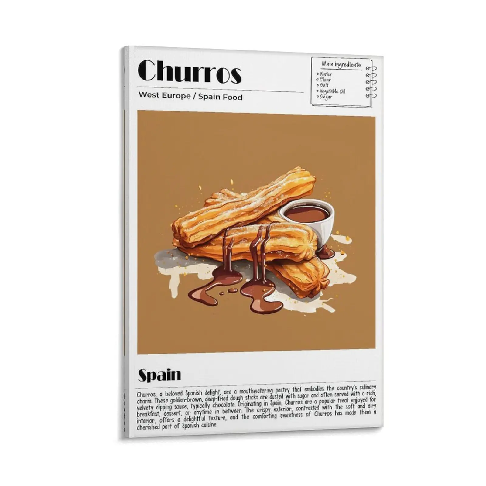 Churros Poster, Spain Food Print, Modern Kitchen Wall Art, Chef Decor, Churros Recipe, Food Poster for Kitchen Walls Poster Canvas Wall Art For Bedroom Decor Bar Office Room Decor Gift
